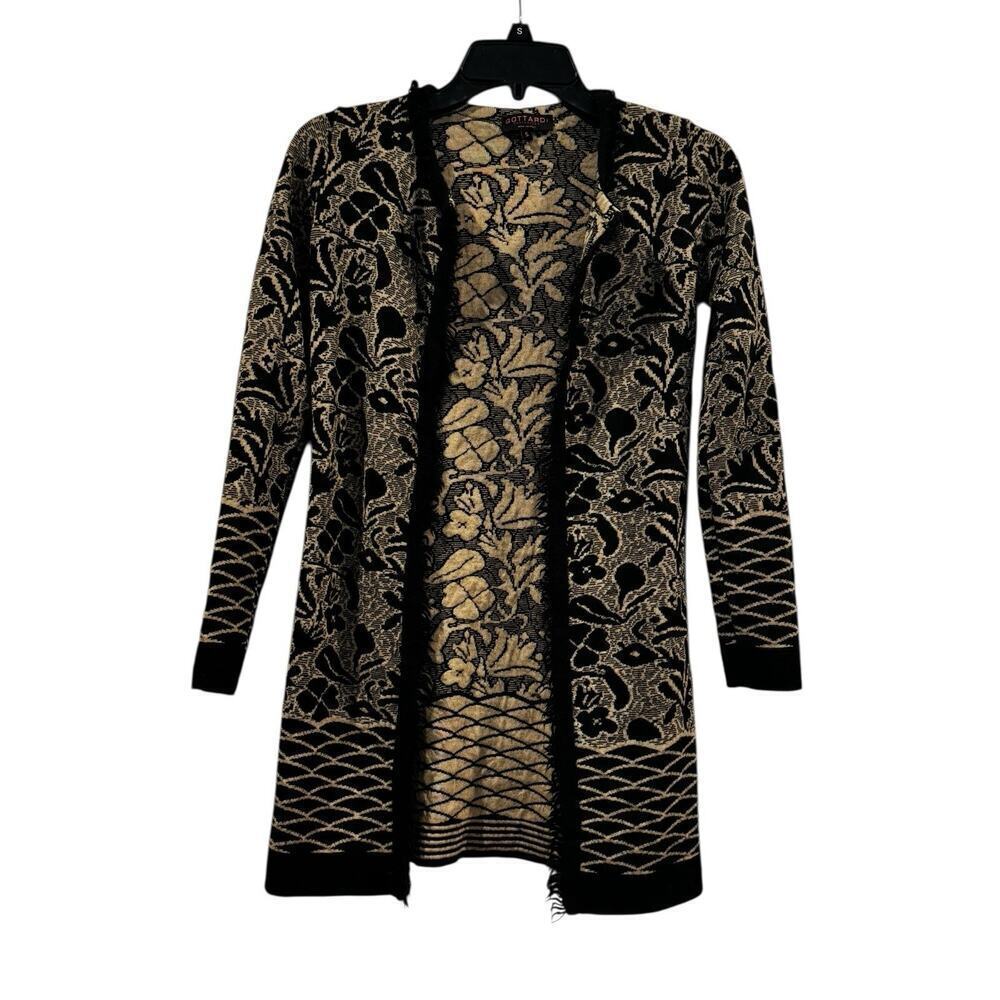 Gottardi Collection Italy Knit Wool Blend Long Open Floral Cardigan Fringe Sz S
